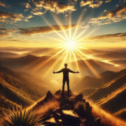 DALL·E 2024-09-18 11.36.08 - A serene and inspiring scene of a person standing on a mountain peak at sunrise, looking out over a beautiful, expansive valley. The golden light of t