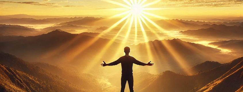 DALL·E 2024-09-18 11.36.08 - A serene and inspiring scene of a person standing on a mountain peak at sunrise, looking out over a beautiful, expansive valley. The golden light of t