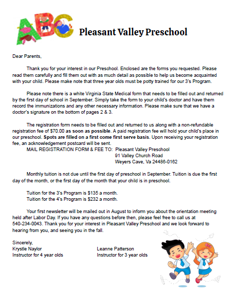 Preschool Registration Letter